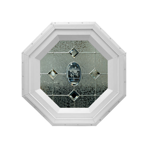 Etched Flower Stationary Octagon Window with Zinc Caming